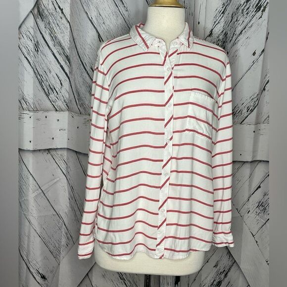AJ Andrea Jovine Button Down Blouse Top Striped L - Picture 1 of 6